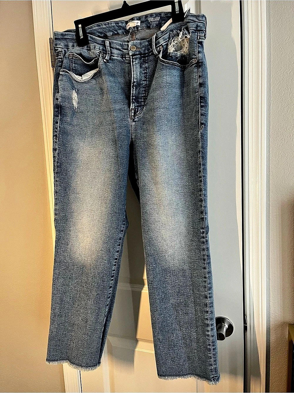 Good American Good Legs Straight Jeans Distressed Straight Leg Jeans in Blue